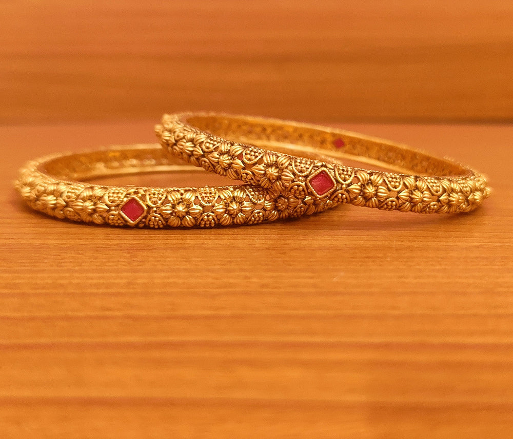 Anti-Tarnish Matt Gold Look Ruby Flower Bangles